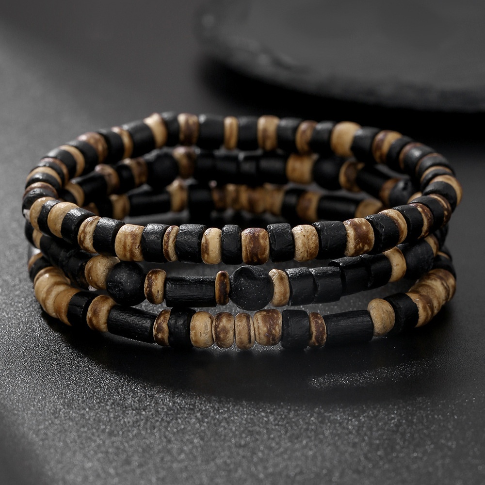 Bohemian Style Men's Bracelet Set - Beaded Stackable & Coconut Shell Accents